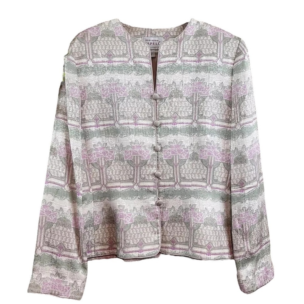 Vtg Adrianna Papell Silk Floral Geo Buttoned Jacket Silver Ivory Green Size 8